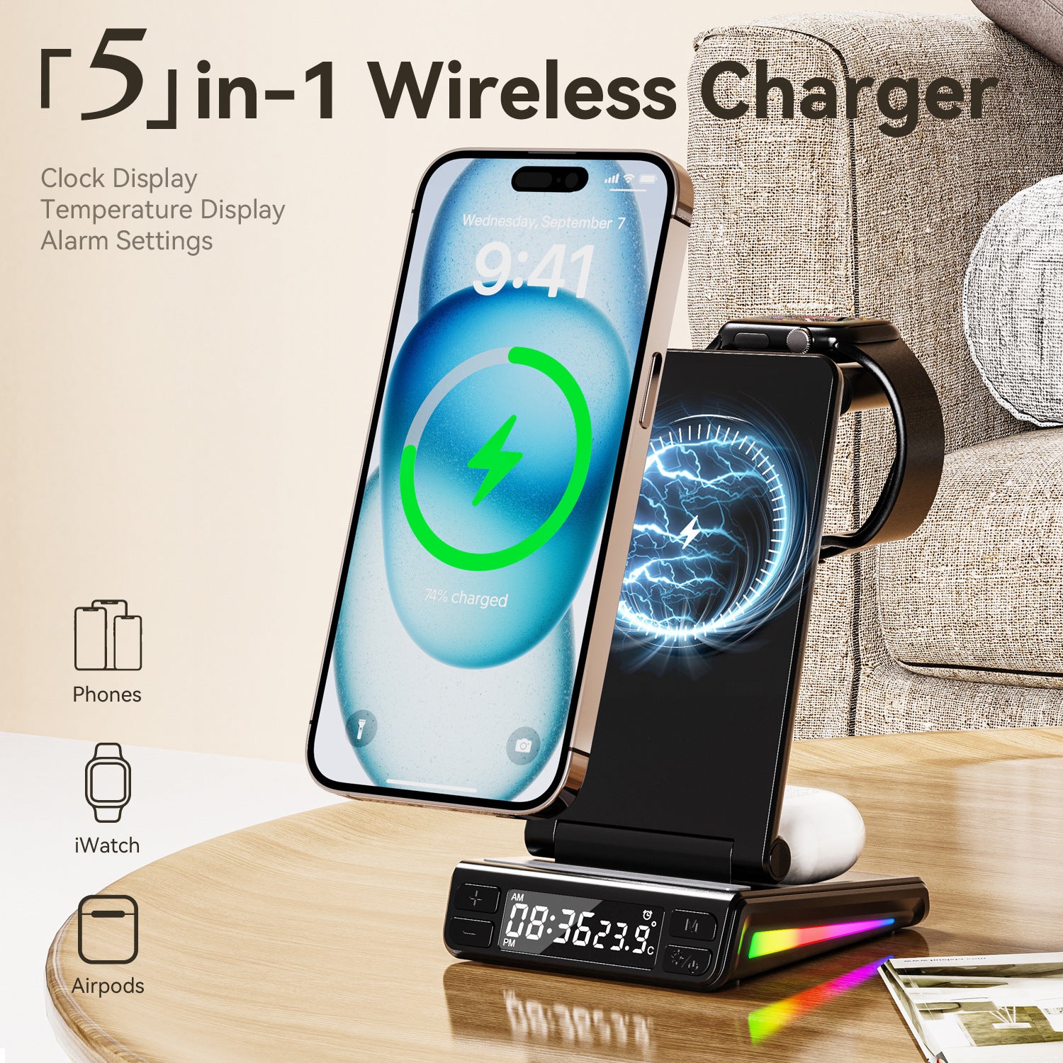 Chargeur sans fil multifonctionnel pliant vertical cinq en un de bureau