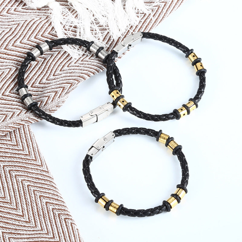 Bracelet en cuir tissé en acier inoxydable