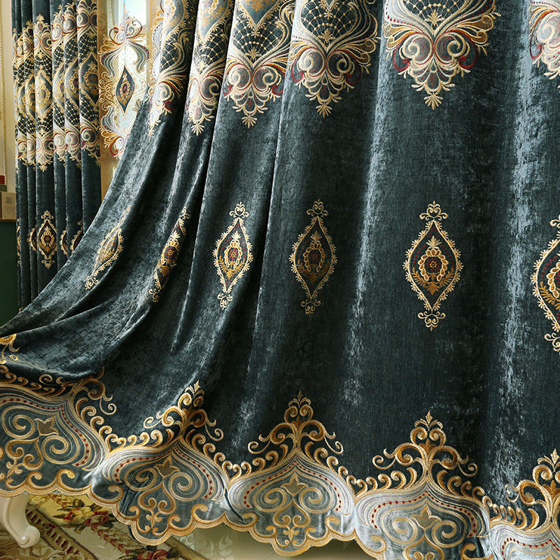 Embroidered Blue Chenille Curtains for Bedroom and Villa