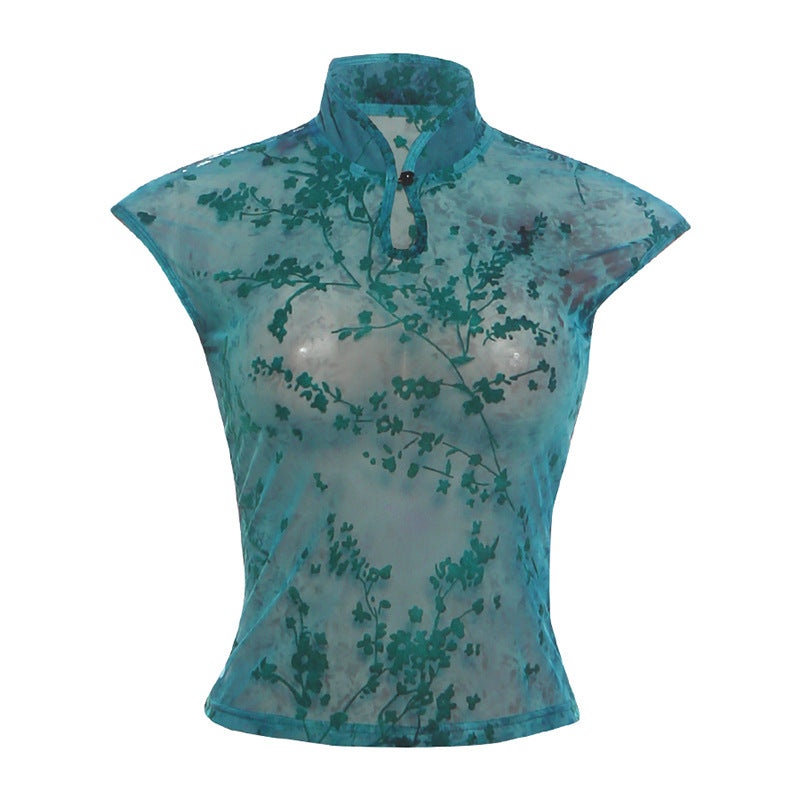 Déclaration sur le collier de style Cheongsam imprimé pour femmes haut de page