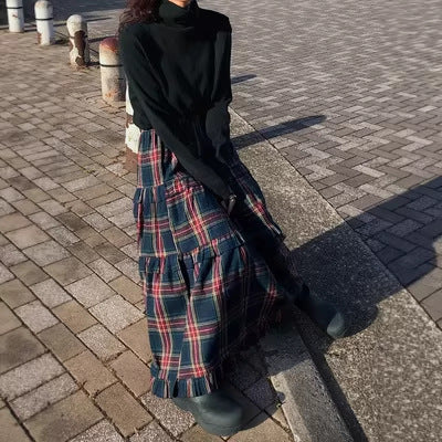 Omens Plaid Plissé Flunce-waist Élastique-waist Casual Élégant jupe Maxi