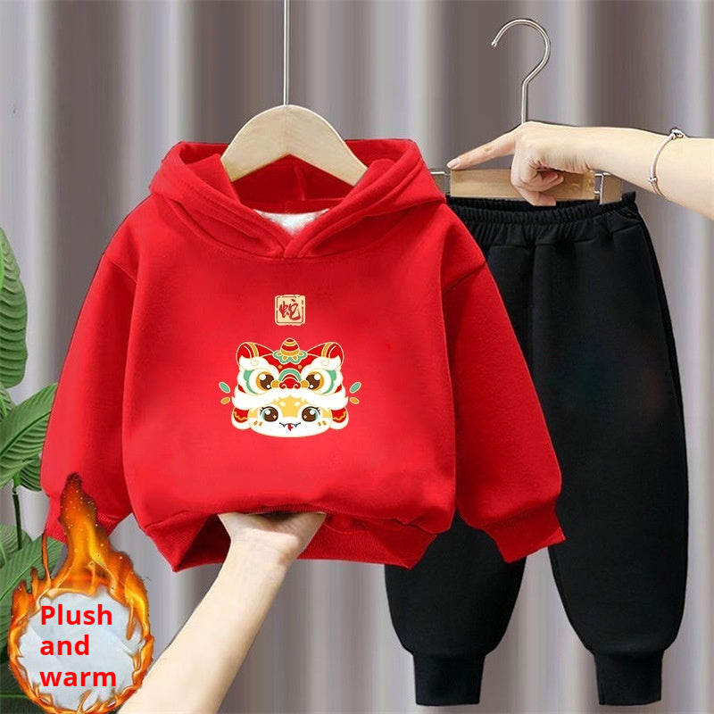 Ensemble de deux pièces à capuche et à sweatpants rouge festifs de style chinois doublé de polaire