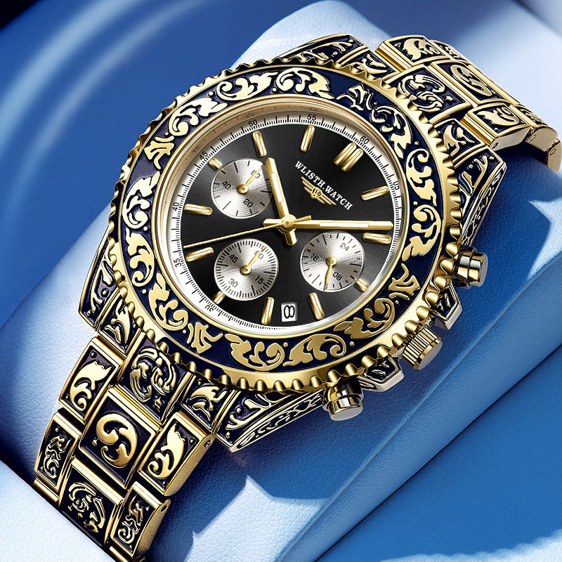 Vintage Engraving Quartz Multifunction Men's Watches