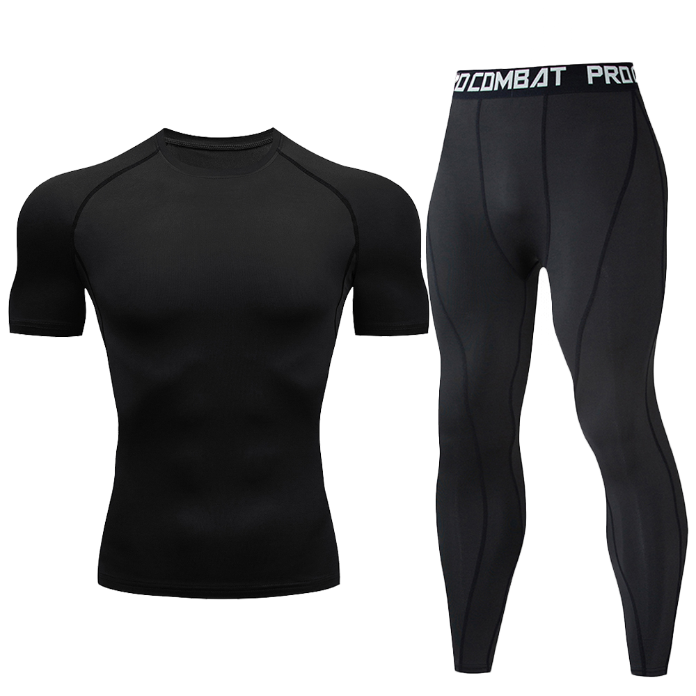 Hommes 2Pcs Fluorescent Green Compression Set Quick Dry Short Sleeve Tight chemise longue legging