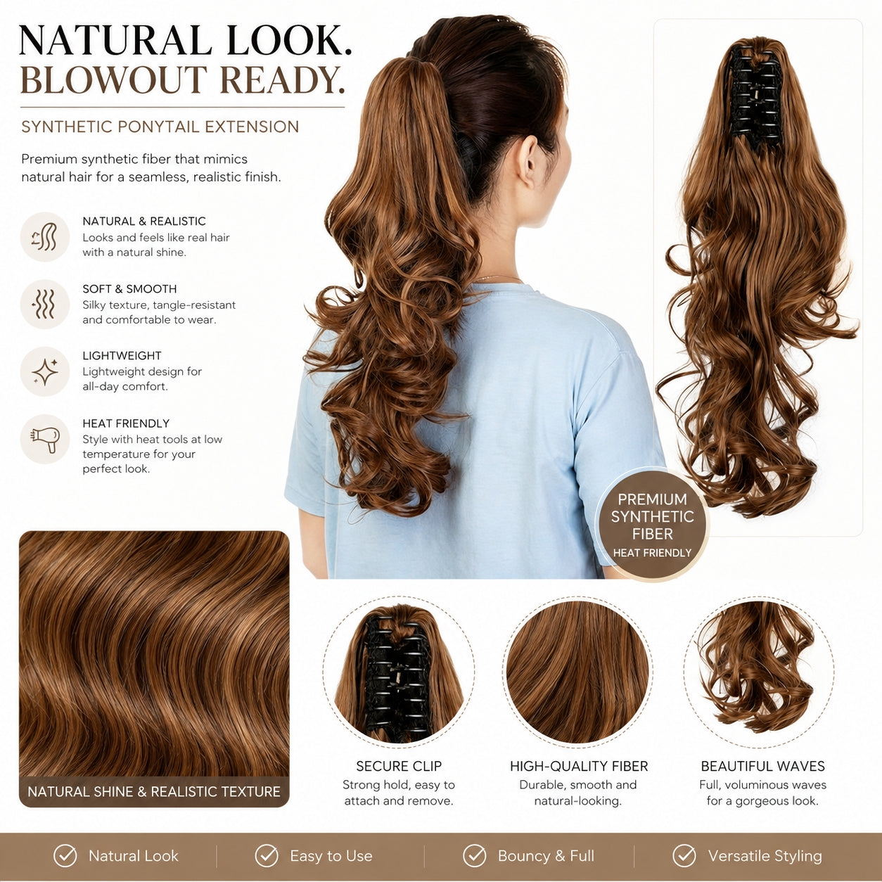 Clip-in Ponytail Hair Extension 22 pouces Wavy CurlySynthetic Wig pour femme Coiffure facile