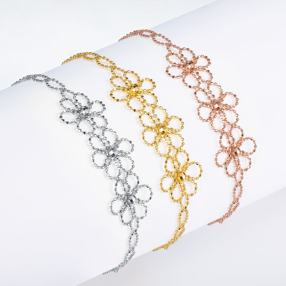 S925 Bracelet de fleurs en argent sterling 20cm réglable 1,8g léger 14mm large 3 C