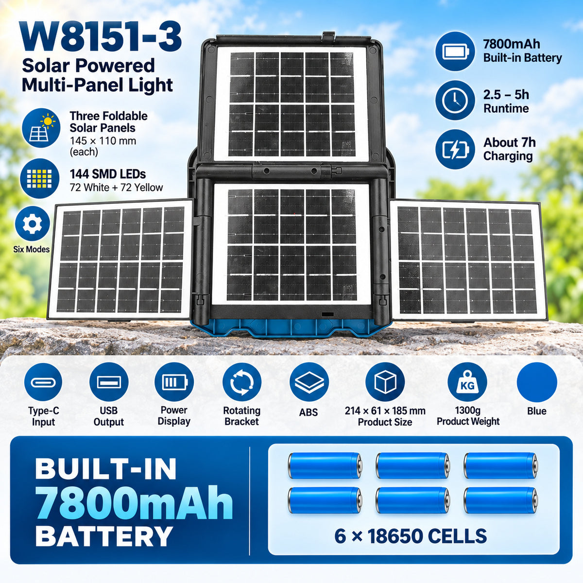 Puissance solaire Rechargeable Display Batterie Power Bank Fonction LED Lumière de travail W8151 3 Bleu
