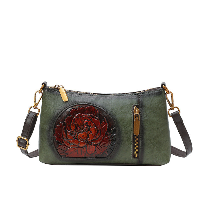 Cuir souple Vintage Ethnic style sac à épaule décontracté en cuir sculpté à la main pour les femmes
