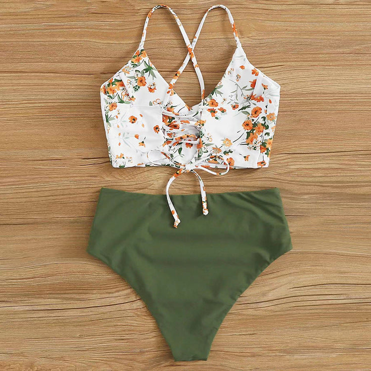 Femme Imprimé Contrasting-Color Drawstring Bikini maillot de bain deux pièces
