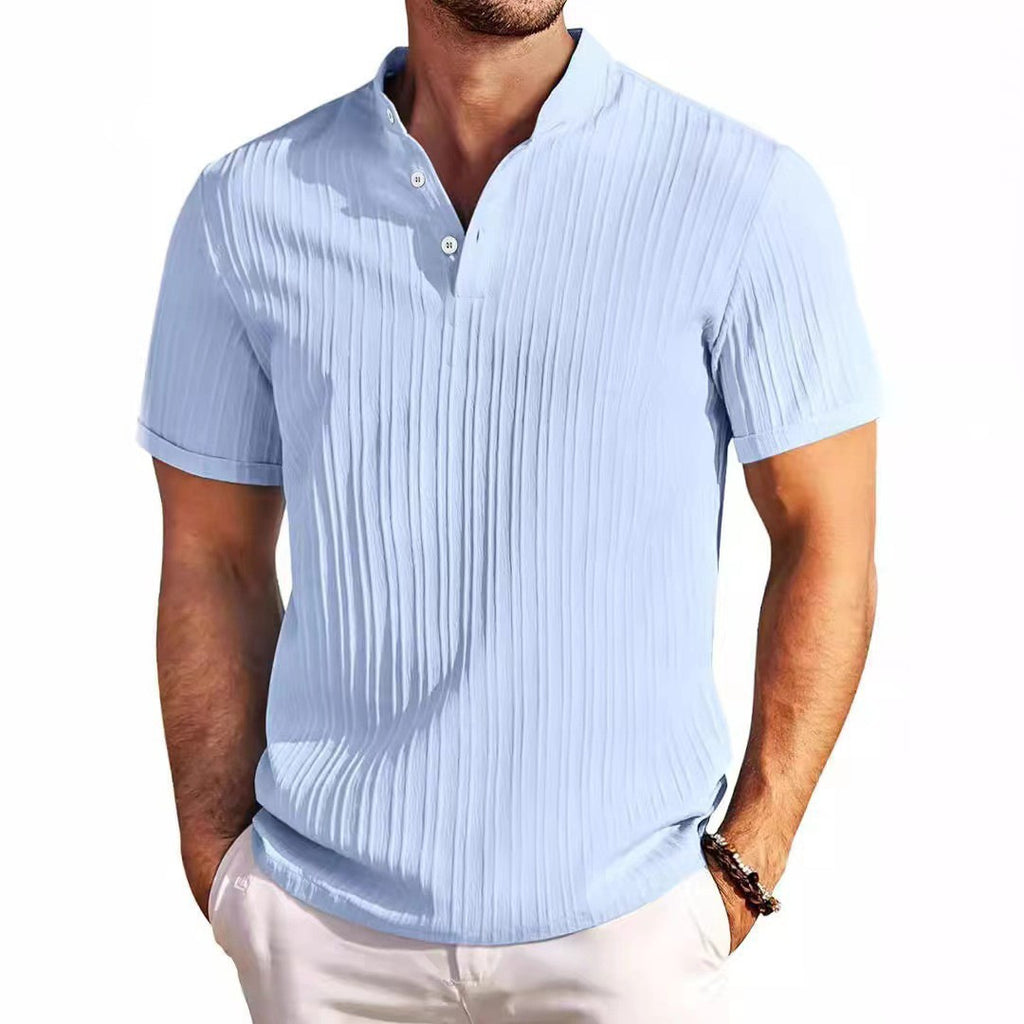 Homme Cotton-lin Jacquard Solide-couleur Casual Loose-fit Chemise manches courtes