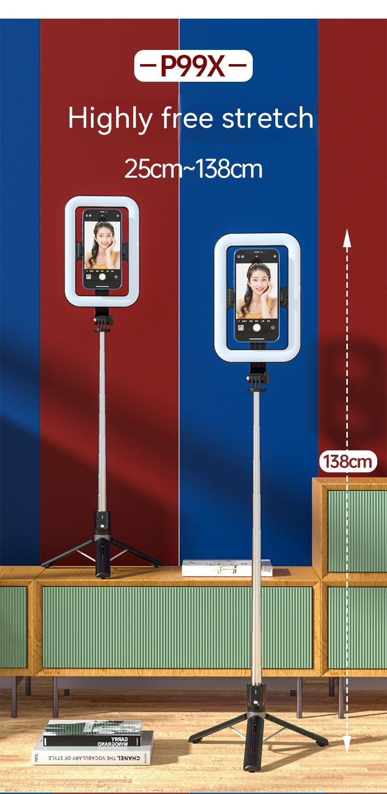 8 pouces Beauty Fill Light Selfie Stick Bluetooth Télécommande Sol extérieur intégré Li