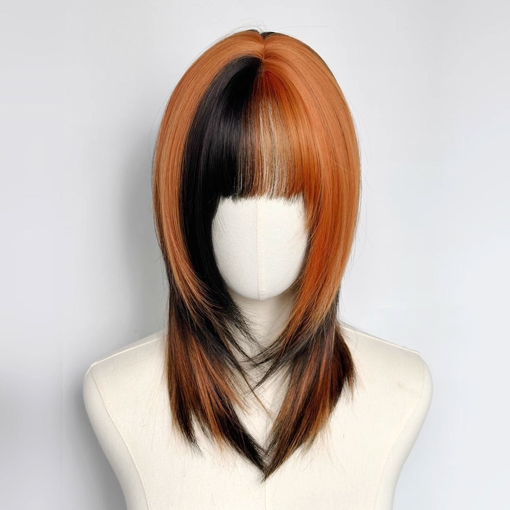 Femmes Noir et sale Orange Ombre Longueur-clavicule Y2K Perruque Cap