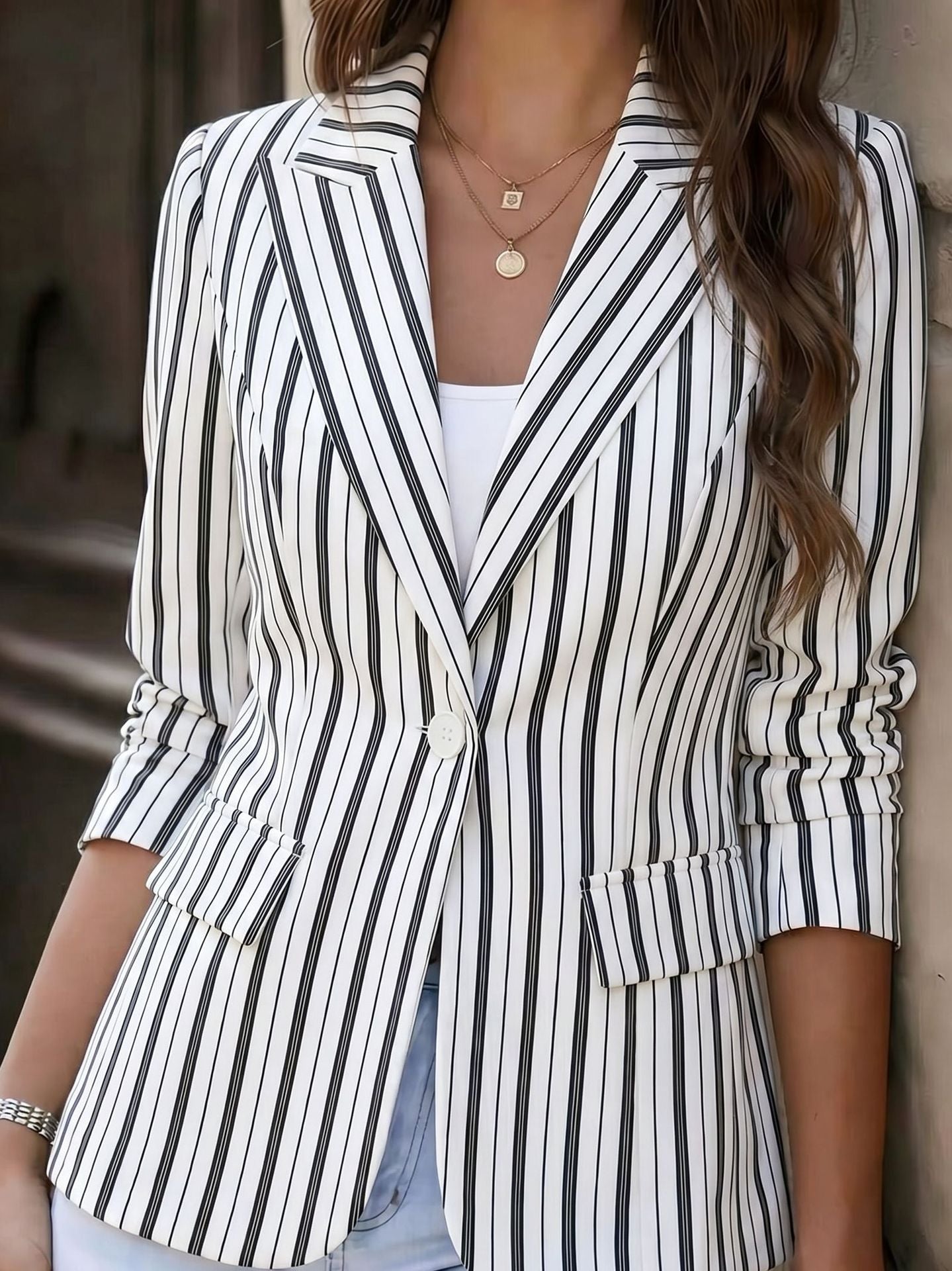 Femmes Blazer à manches longues rayé noir et blanc