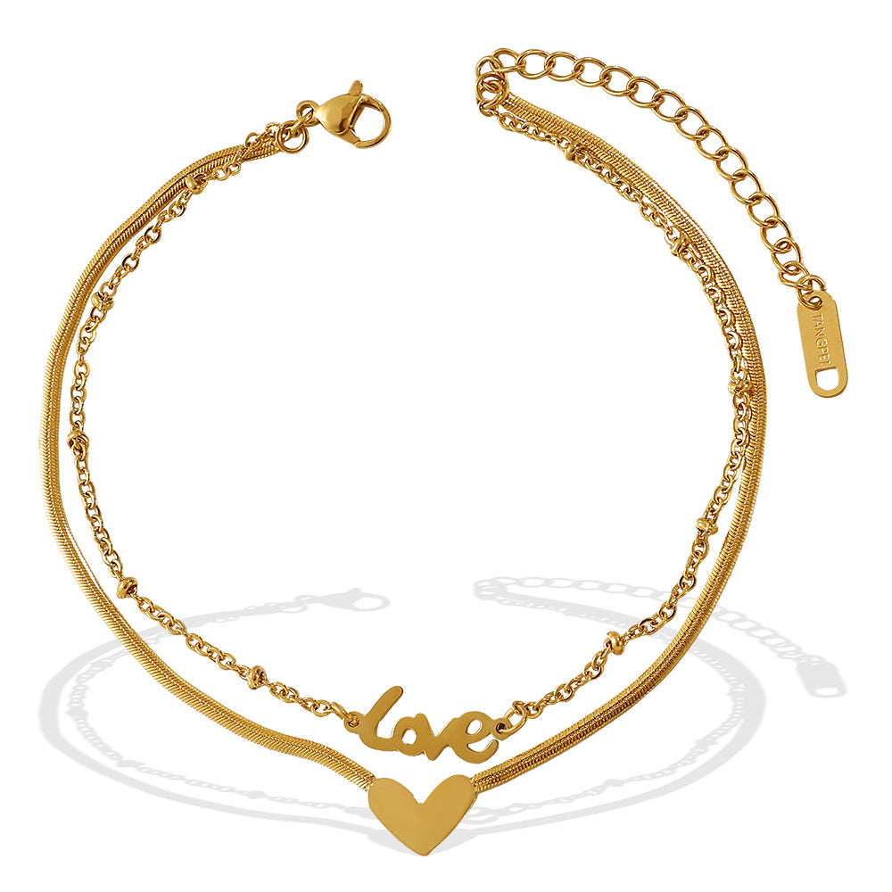 European & American Fashion Double Layer Heart Love Pendentif Anklet pour femmes