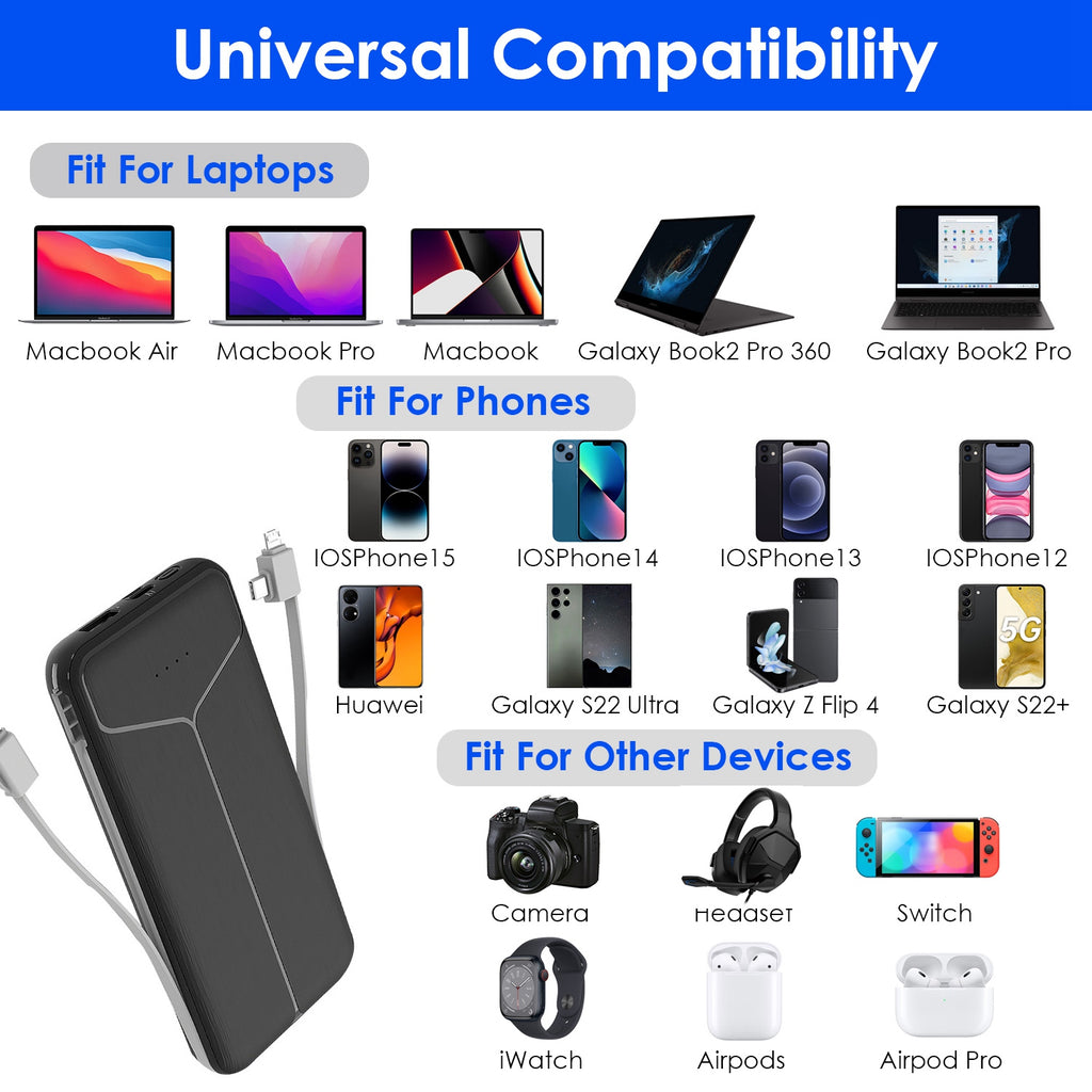 Chargeur portable 10000mAh Power Bank avec prise américaine 2 câbles intégrés Batterie externe