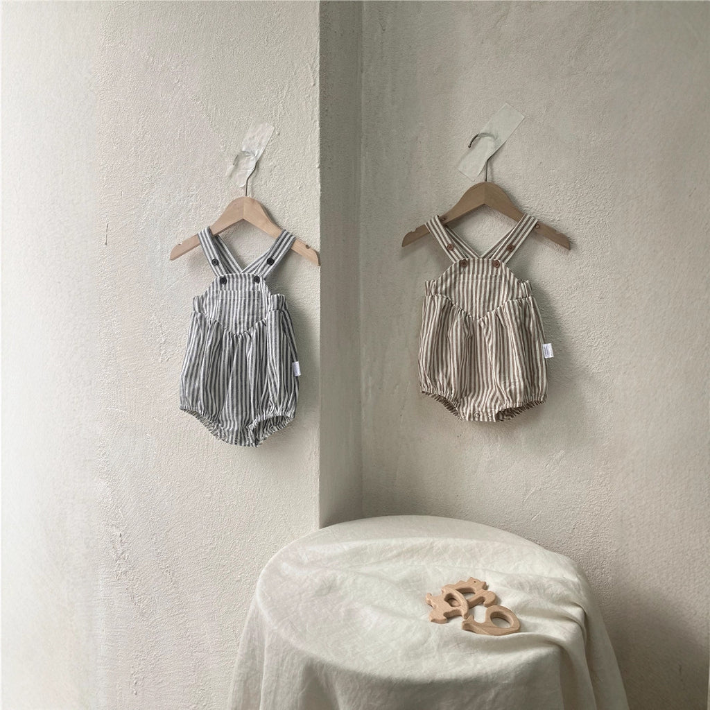 Unisex short-sleeved striped rompers with suspenders for summer