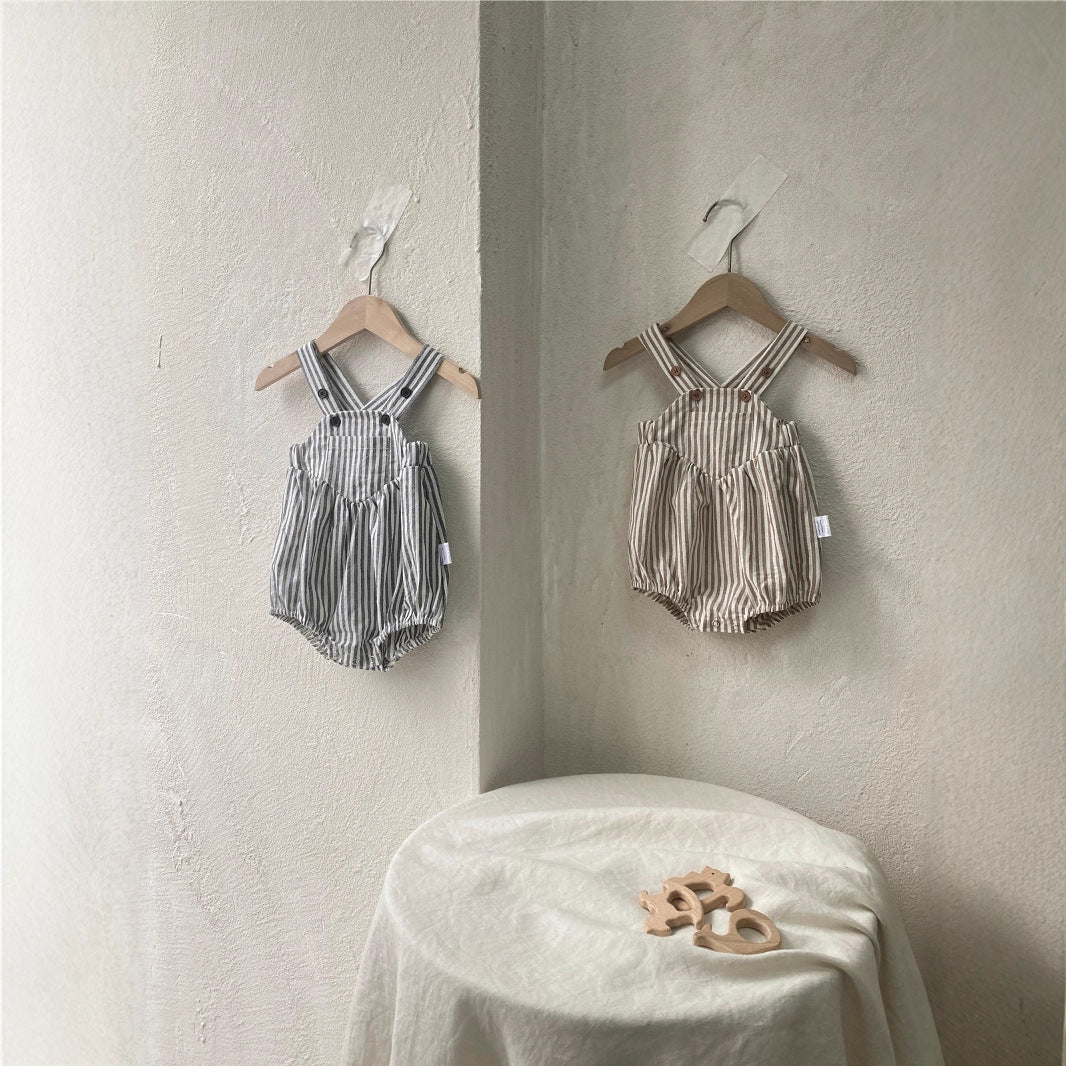 Unisex short-sleeved striped rompers with suspenders for summer