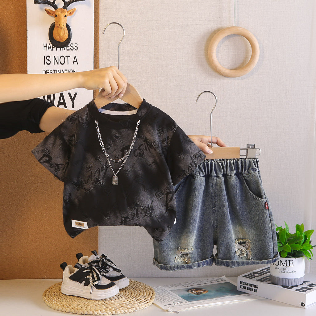 Boys Summer Outfit Stylish Denim Shorts Two-Piece Set