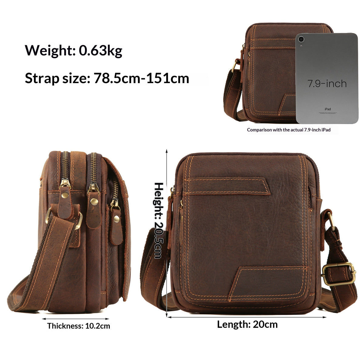 Epaule véritable en cuirCrossbody High-End Cowhide Homme Cowhide Retro Sac carré Casual