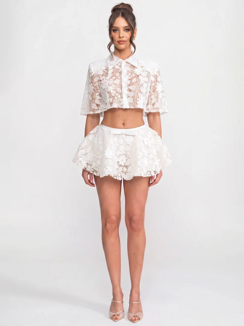 Blouse courte en dentelle féminine et ensemble de deux pièces de jupe