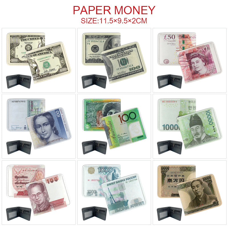 Portefeuille avec un design pliable avec des motifs de devises internationaux sur les bords