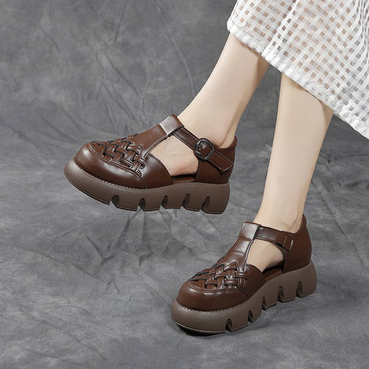 Plate-forme en cuir plein grain pour femmes Velcro Sandales