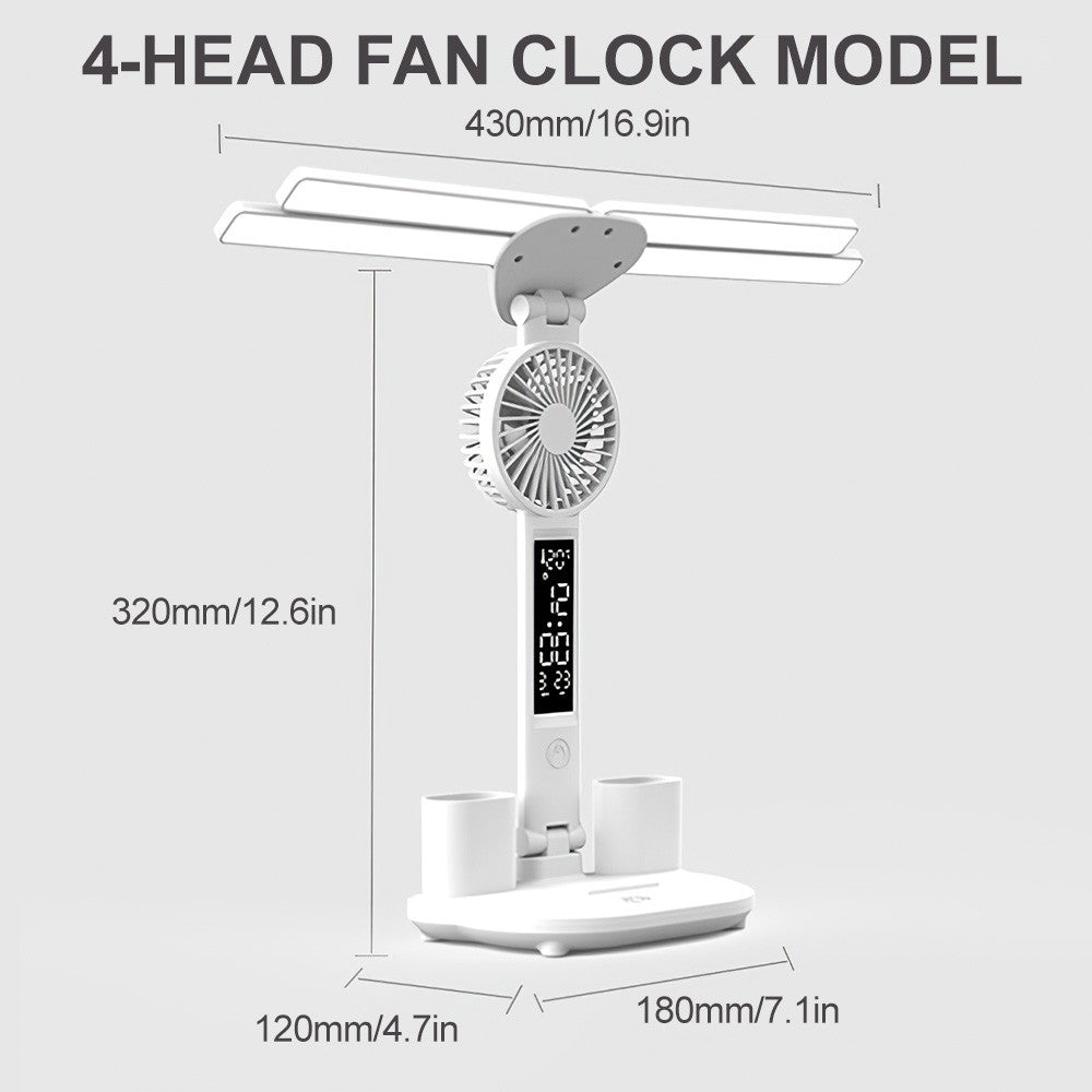 Lampe de lecture de bureau LED 4 têtes avec horloge d'éventail réglable lampe tactile rechargeable