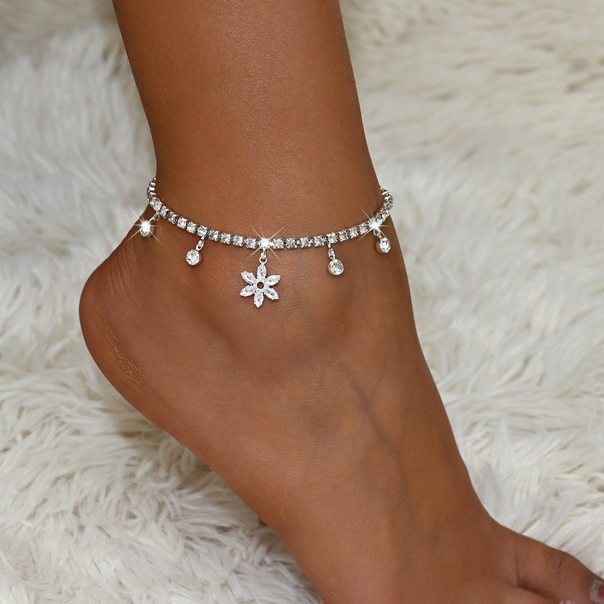 Style coréen doux cristal Zircon pendentif fleur Anklet Fashionable Beach Vacation Style W
