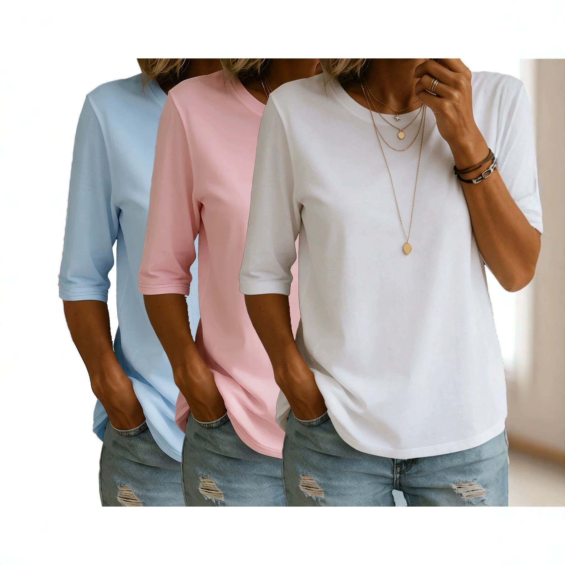 Set T-shirt 3 pièces pour femmes Simple et Casual Solid Color Muji-style