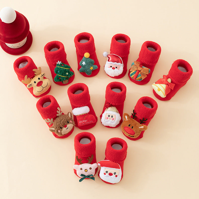 Chaussettes de plancher rouge en coton pur épais, doublées de polaires pour l'automne et l'hiver