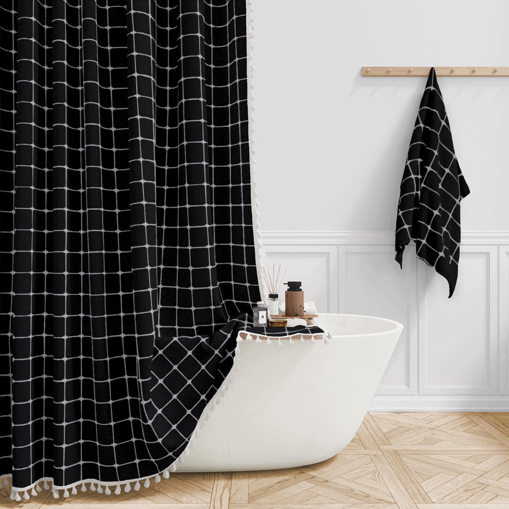 Tencel-linen Checkered Tassel Salle de bain Checkered Partition Rideau de douche imperméable Curta