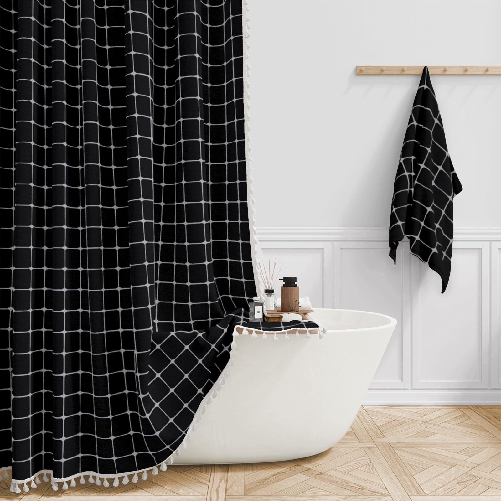 Tencel-linen Checkered Tassel Salle de bain Checkered Partition Rideau de douche imperméable Curta
