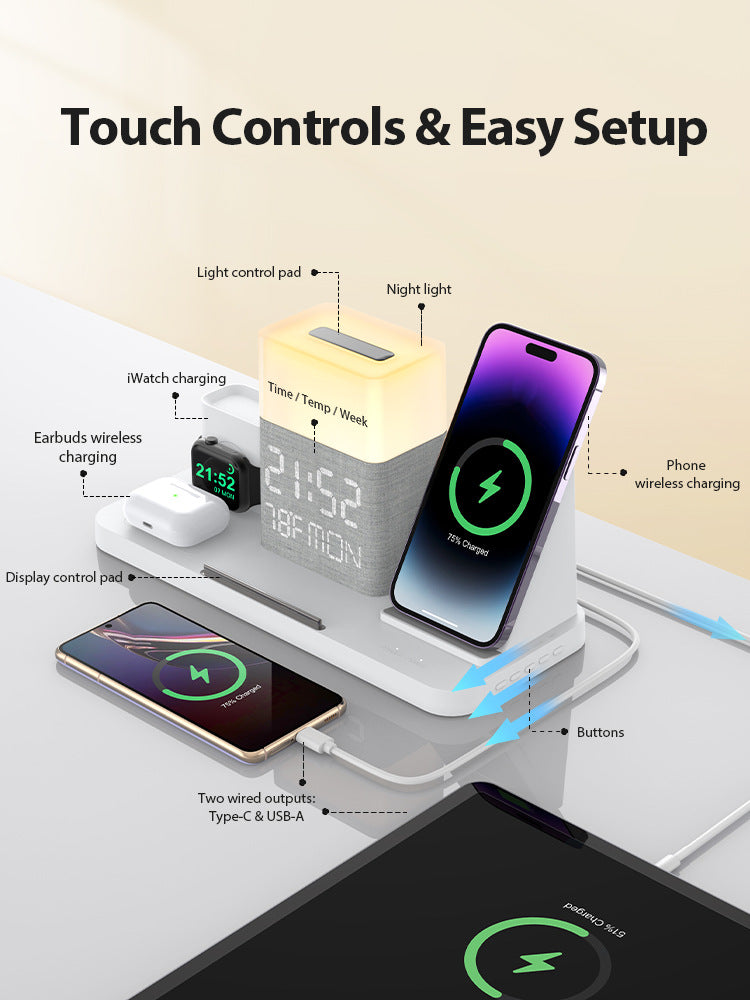 6-en-1 Ensemble de recharge sans fil Touch Night Light Téléphone mobile Bluetooth temps de synchronisation