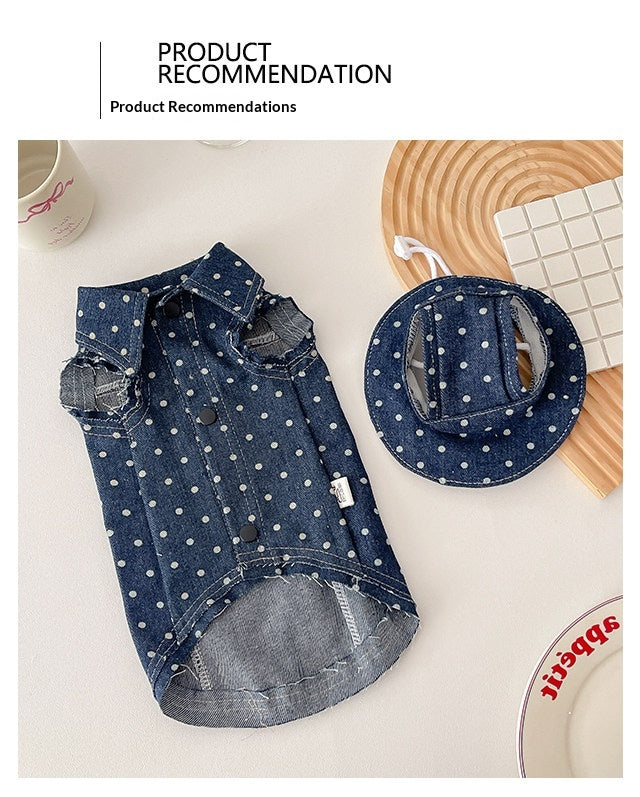 Sphynx Chat Polka Dot Denim Vest avec boutonnage et chapeau pour chats sans cheveux