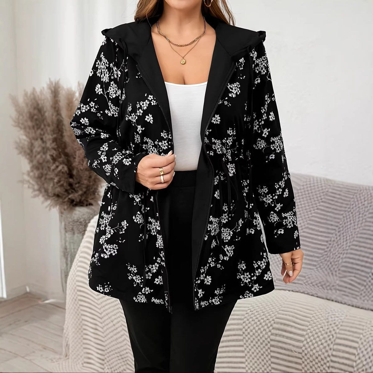 Cardigan à manches longues à capuchon pour femmes de plus grande taille - Veste de sweater en tricot imprimé réversible
