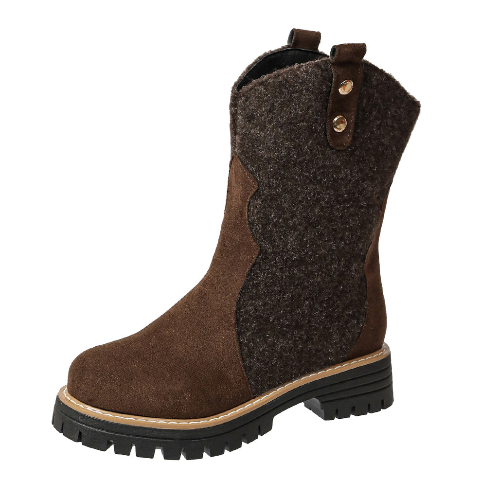 Automne Hiver Arrivée Femmes Plus Taille Vintage Mid-Calf Bottes Suede Bloc Talon Rond Toe Mi