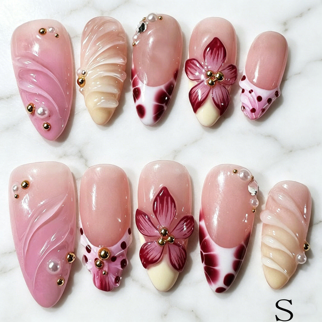 Nu de longueur moyenne Gradient Nails à pression florale tridimensionnels