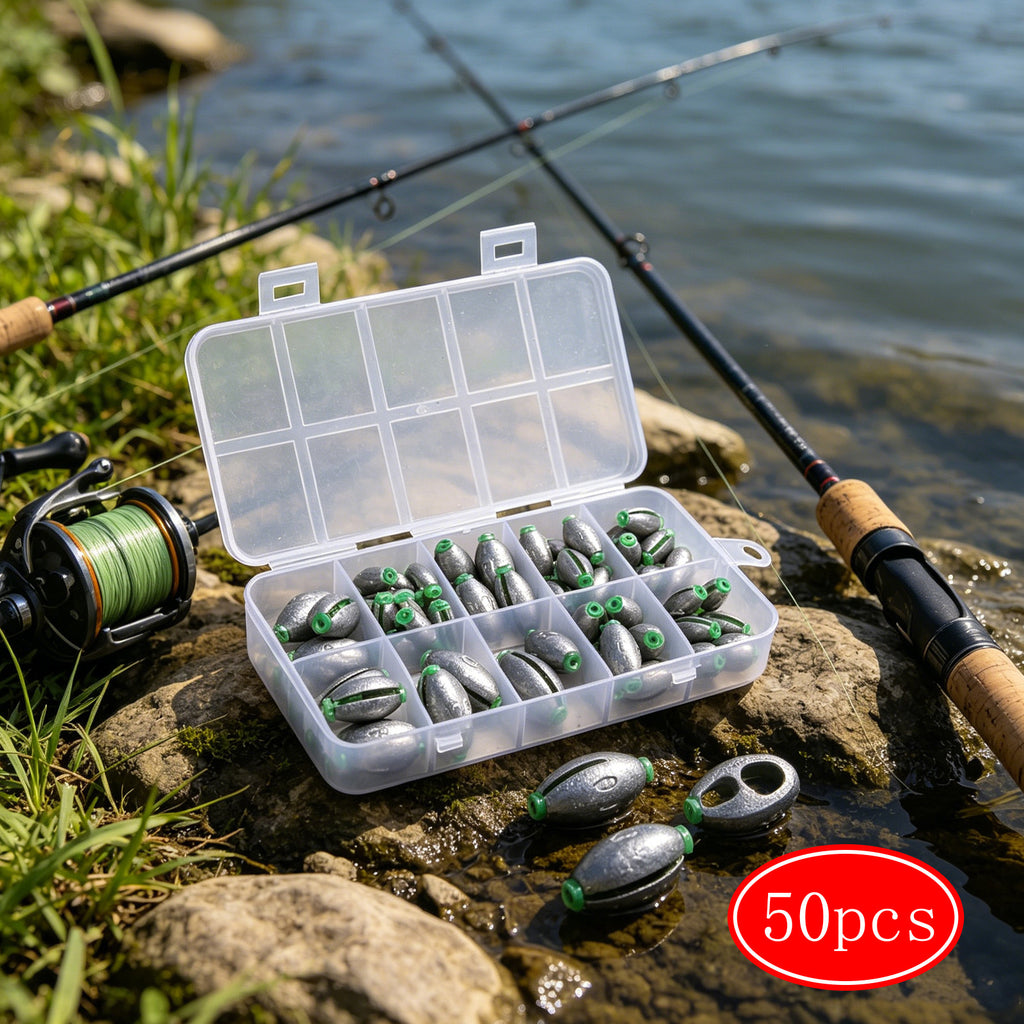 Ensemble de 52 poids de pêche au plomb avec boîte de stockage