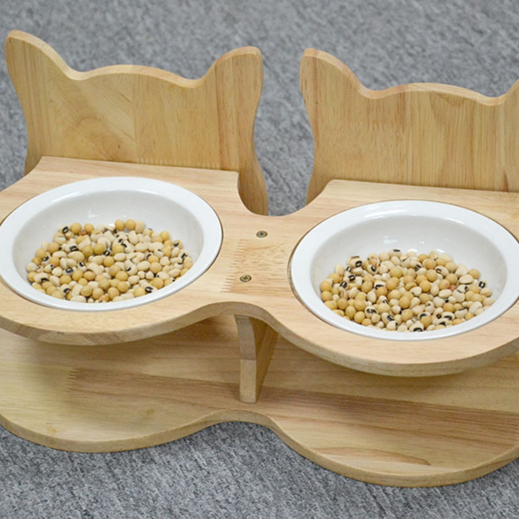 Bamboo et Wood Pet Cat Food Stand avec plateau en céramique