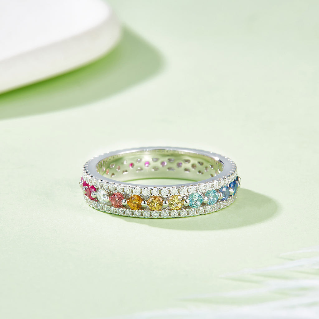 S925 Argent Sterling Rainbow Lab-Grown Gemstone Anneau d'éternité Pave Moissanite États-Unis Taille 5-9