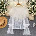 Femmes Dentelle de couleur unie Top avec col rond Dentelle Trim et l'ourlet volant