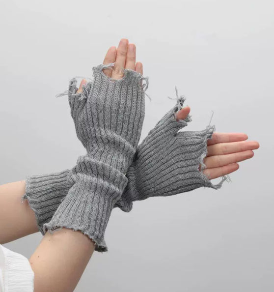1paire Black Tattered Punk Unisex Gants sans doigts Cuff Knit Gants