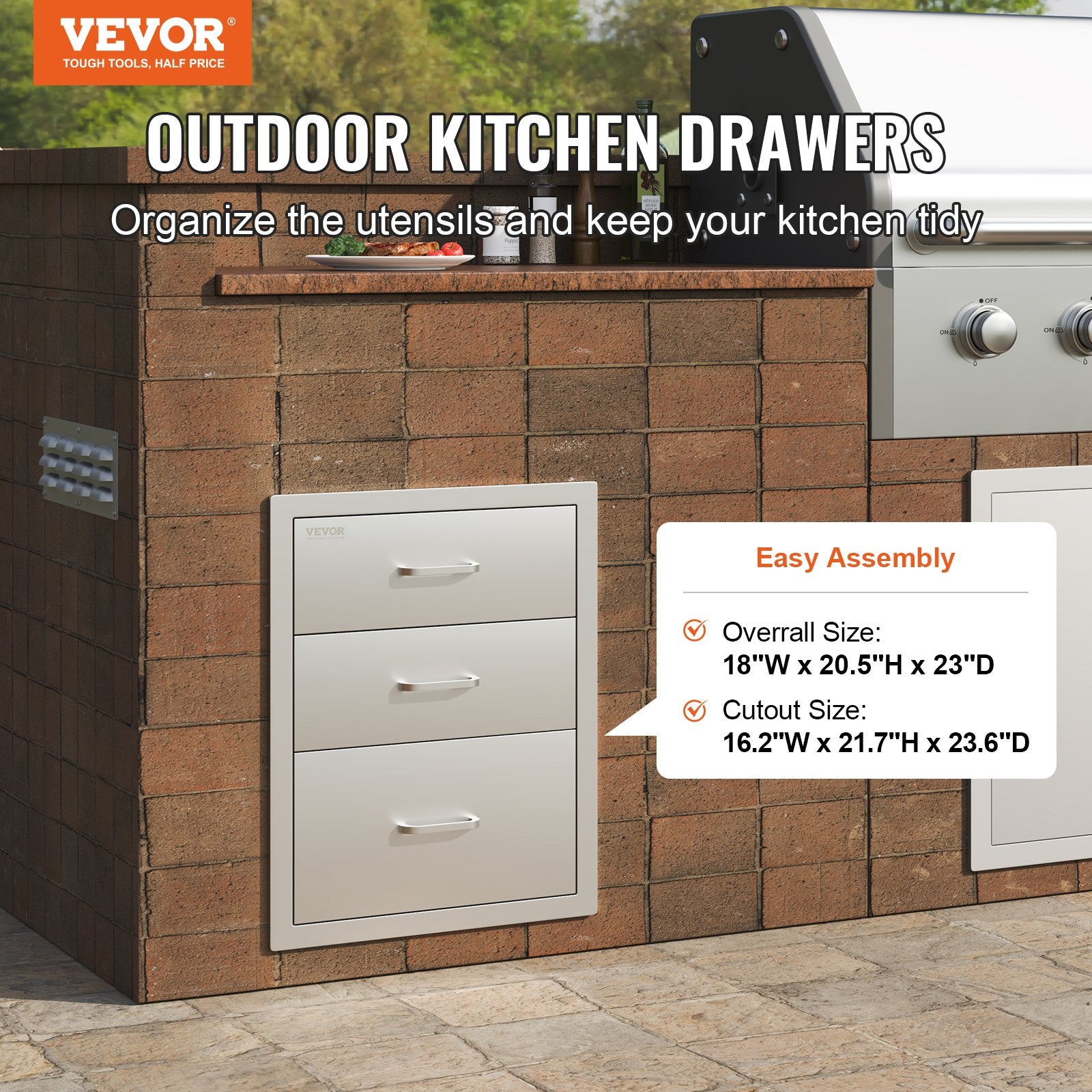 VEVOR 18x20.5 pouces cuisine extérieure en acier inoxydable triple accès BBQ tiroirs avec Chrome H
