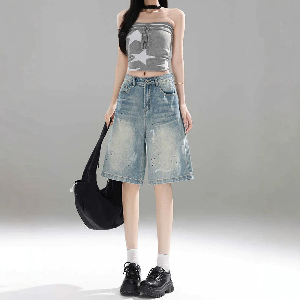 Retro Ink-Splatter Blue Wide-Leg Denim Capri Pantalons Femmes Été Leg Cropped Trou
