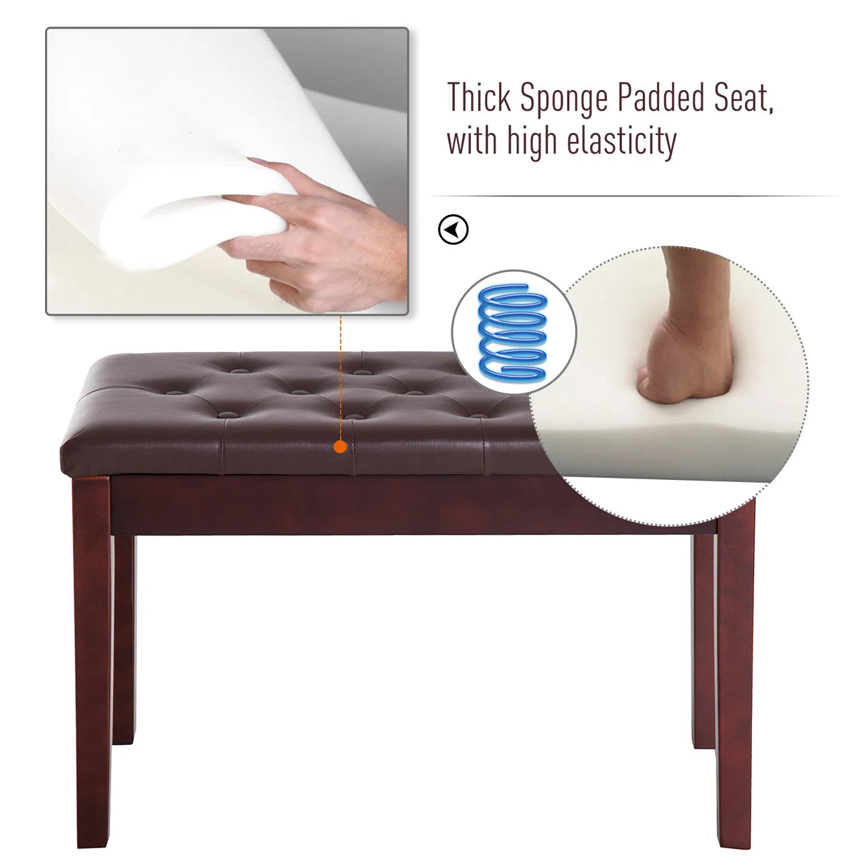 Banc de piano en cuir rembourré faux double / duo avec stockage de musique - Brown