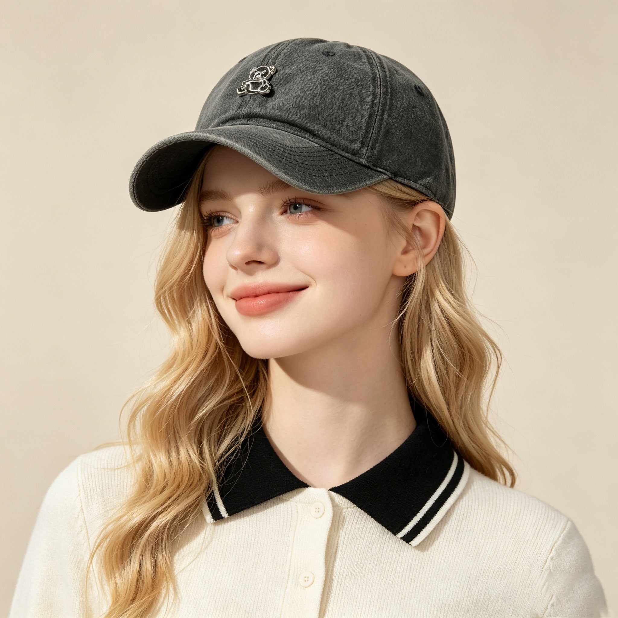 Mignon Teddy Bear Vintage Lavé chapeau de papa 3D en métal Emblem Casquette réglable Streetwear