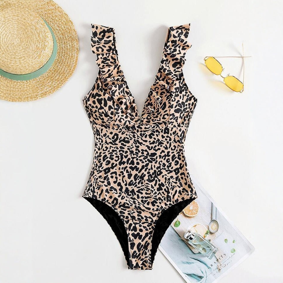 L'Europe et l'Amérique-style Leopard-print Modeste Full-Coverage Slimming Femmes Ruffled Bea