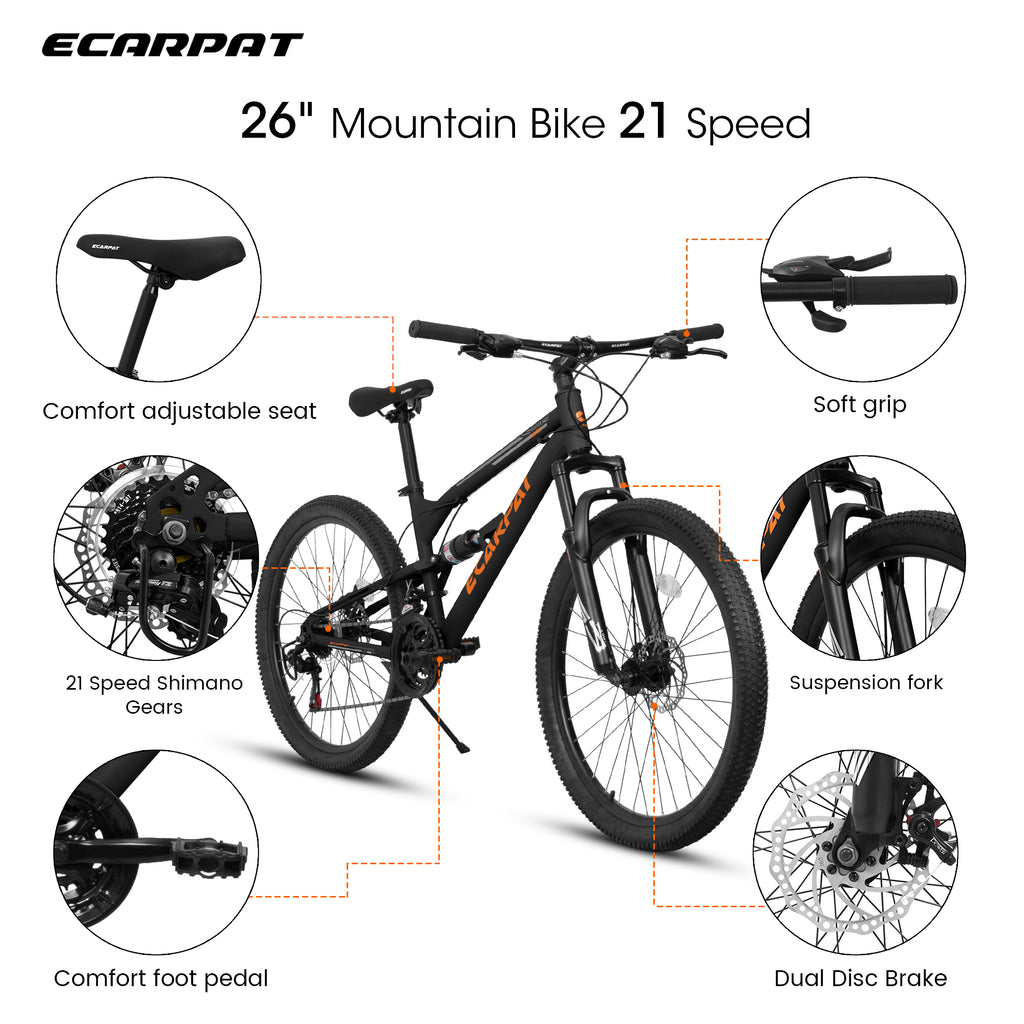 A26207 26 pouces Cadre en acier Shock Fork Plus Shock Absorber 21 vitesses Unisex Mountain Bike