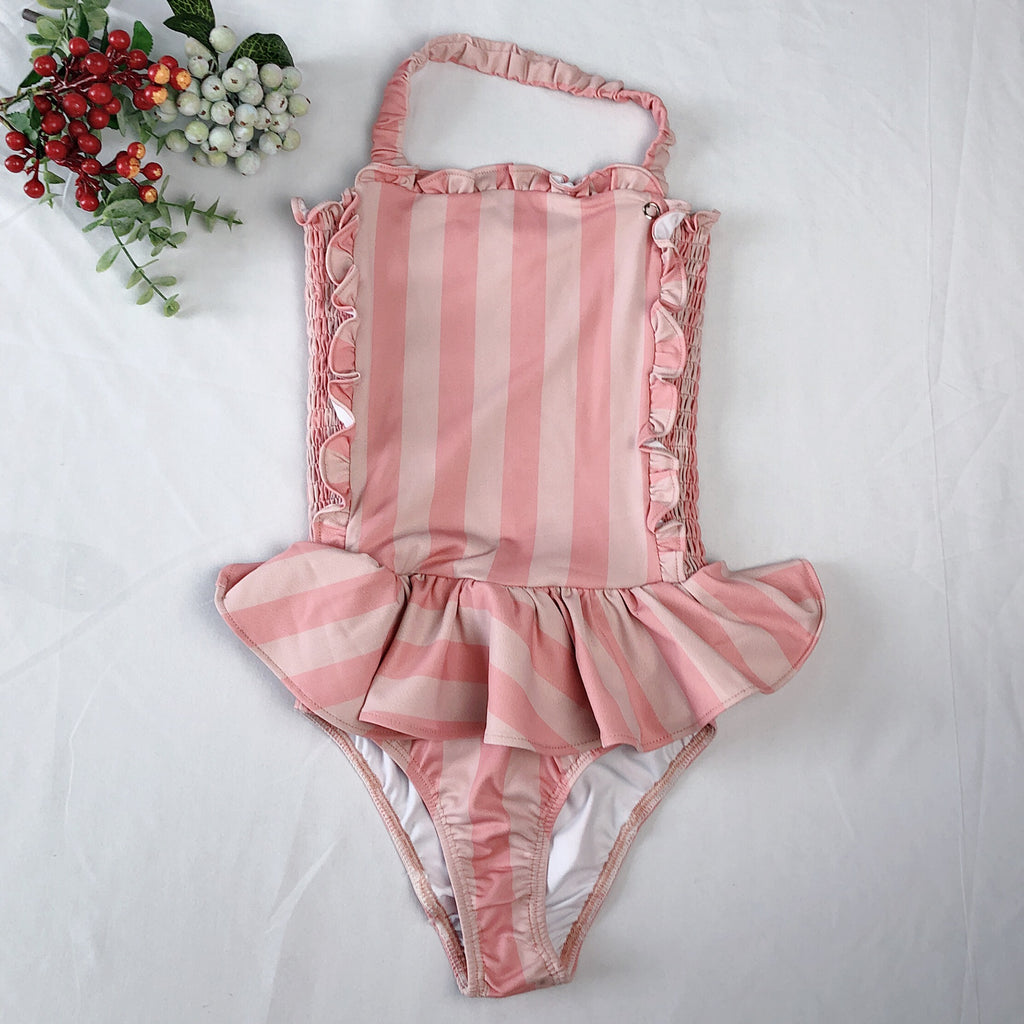 Maillots de bain pour enfants Ins Modèles d'explosion Filles Siamois Maillot de bain en dentelle de vent princesse rayée