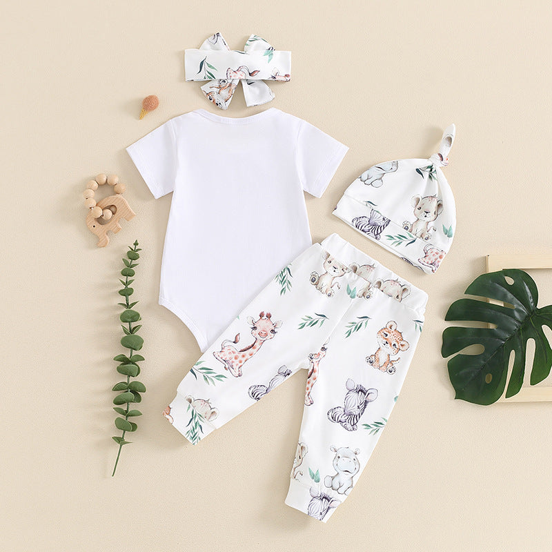 Letter-print Chapeau à manches courtes Romper Long Pantalon et bandeau de quatre pièces
